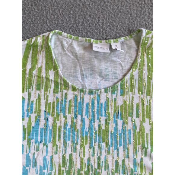 Weekends Chicos Top XL 3 Abstract Art Striped 3/4 Sleeve Green Beach Boho Shirt - Picture 2 of 16
